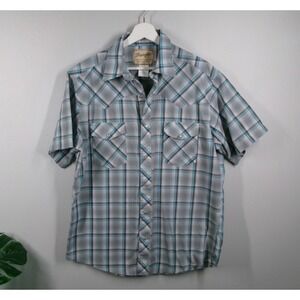 WRANGLER Shirt Mens LARGE Gray Plaid Western Pearl Snap Collared Short Sleeve